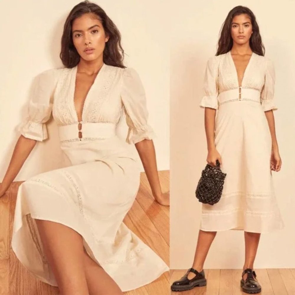 NWT REFORMATION Fran Lace Plunge Midi Dress in Cream